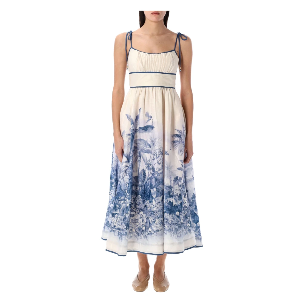Zimmermann Palm Bloemen Midi Jurk Wit Blauw Multicolor Dames