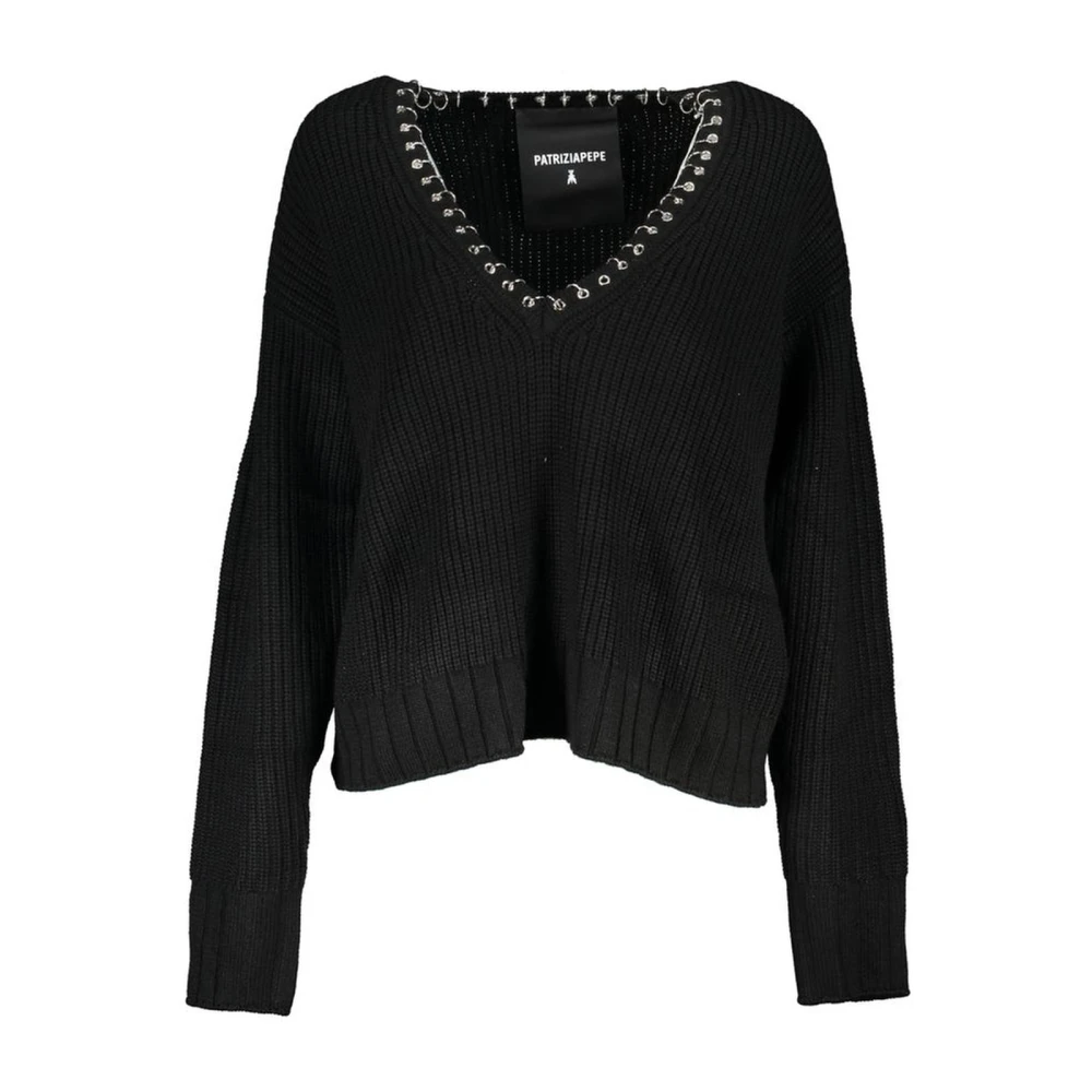 Patrizia Pepe Women's Black V-Neck Knitwear,, V-Neck Jumper With Contrast Details And Logo Medium
