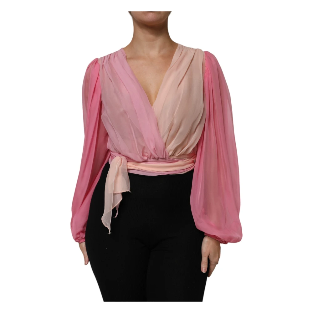 Dolce & Gabbana Women's Pink Blouses, S, Silk V-Neck Blouse Top