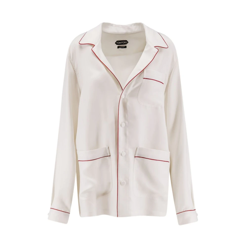 Tom Ford Women's Beige Pyjamas, L, Silk Twill Pj Shirt With Piping And Tonal Embroidered Logo