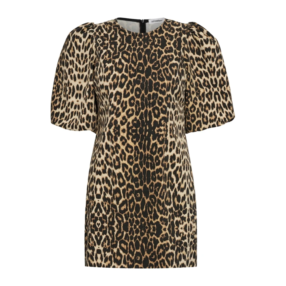 Co'Couture Denim Luipaardprint Pofmouw Jurk Beige Dames