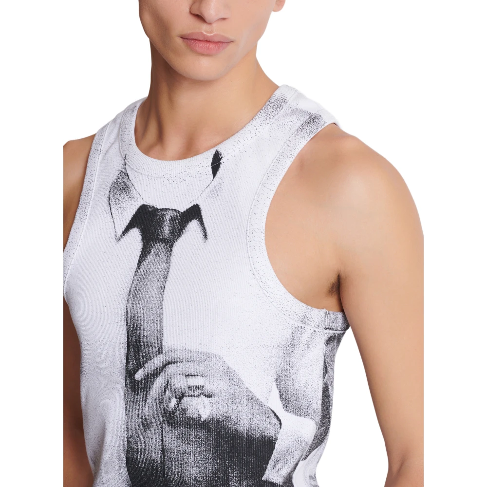 Balmain Geribbelde tanktop met stropdasprint White Heren