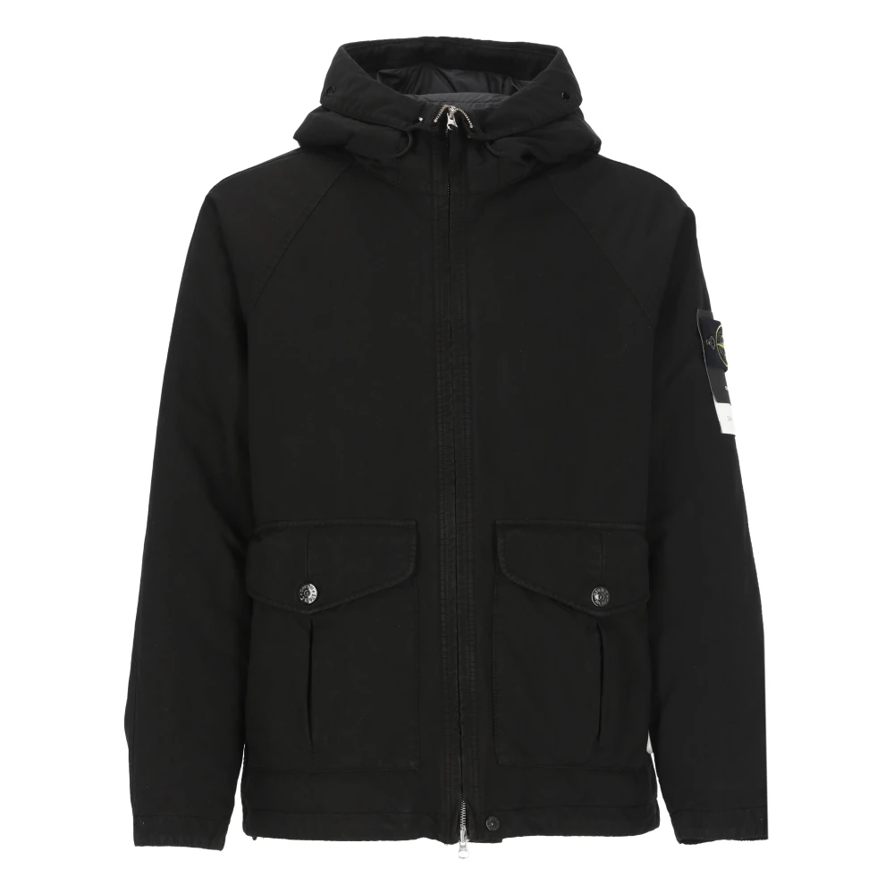 Stone Island Zwarte Gewatteerde Jas met Capuchon Black Heren