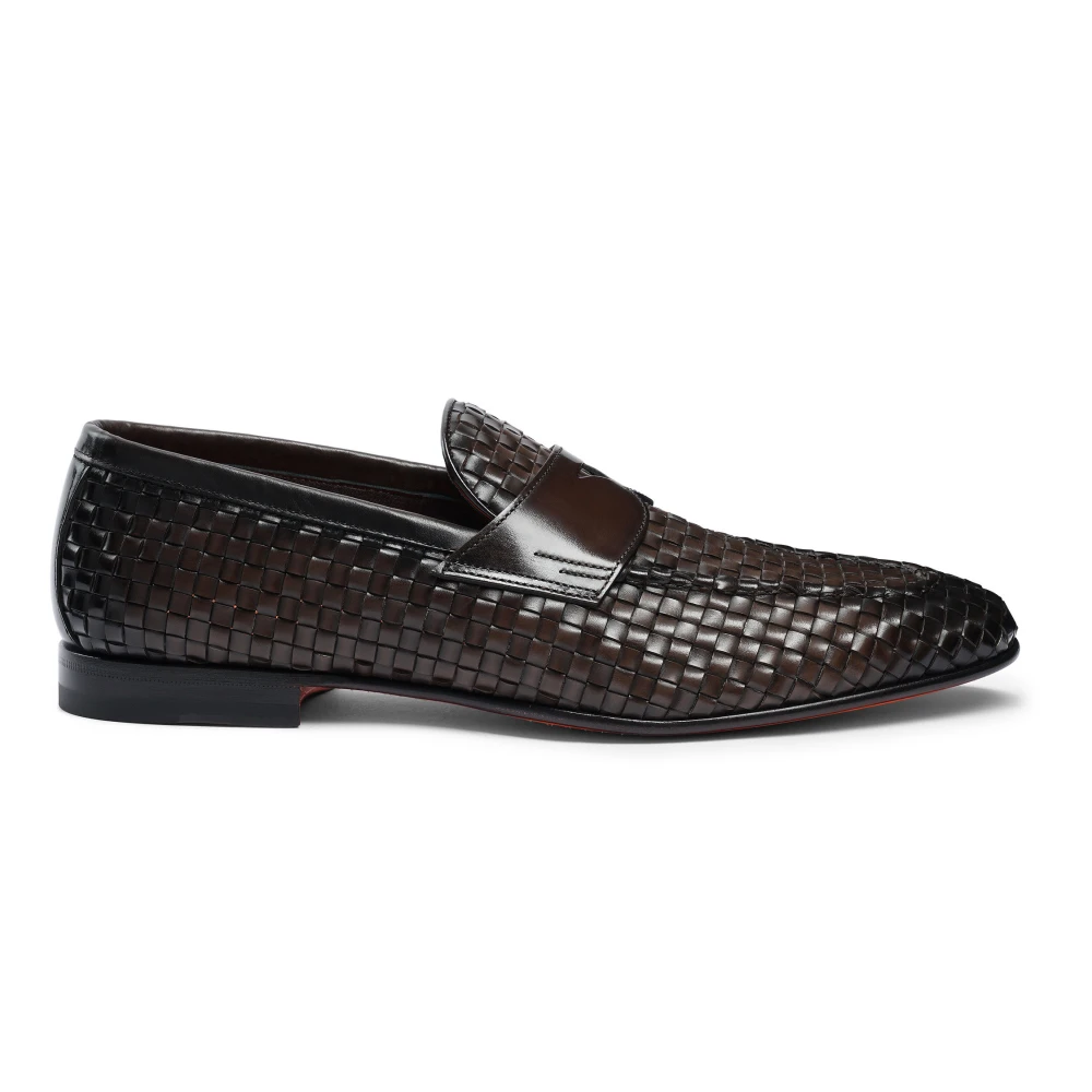 Santoni Men's Brown Loafers, 6 Uk, Woven Leather Loafer