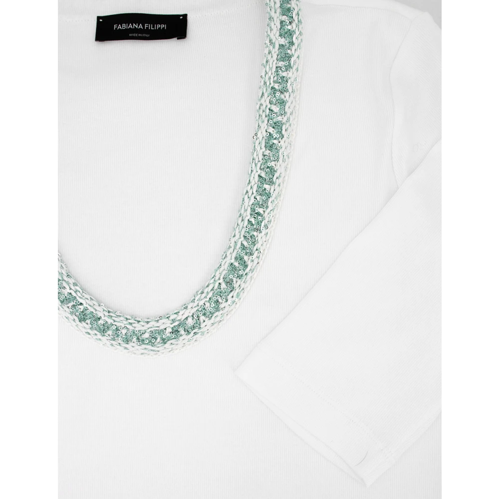 Fabiana Filippi Paillet Geribbeld Katoenen T-shirt White Dames