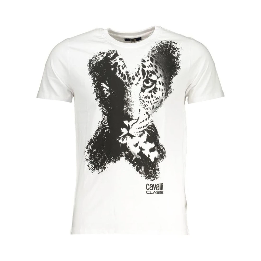 Cavalli Class Men's White T-Shirts,, Leopard Print T-Shirt Stylish Logo Large