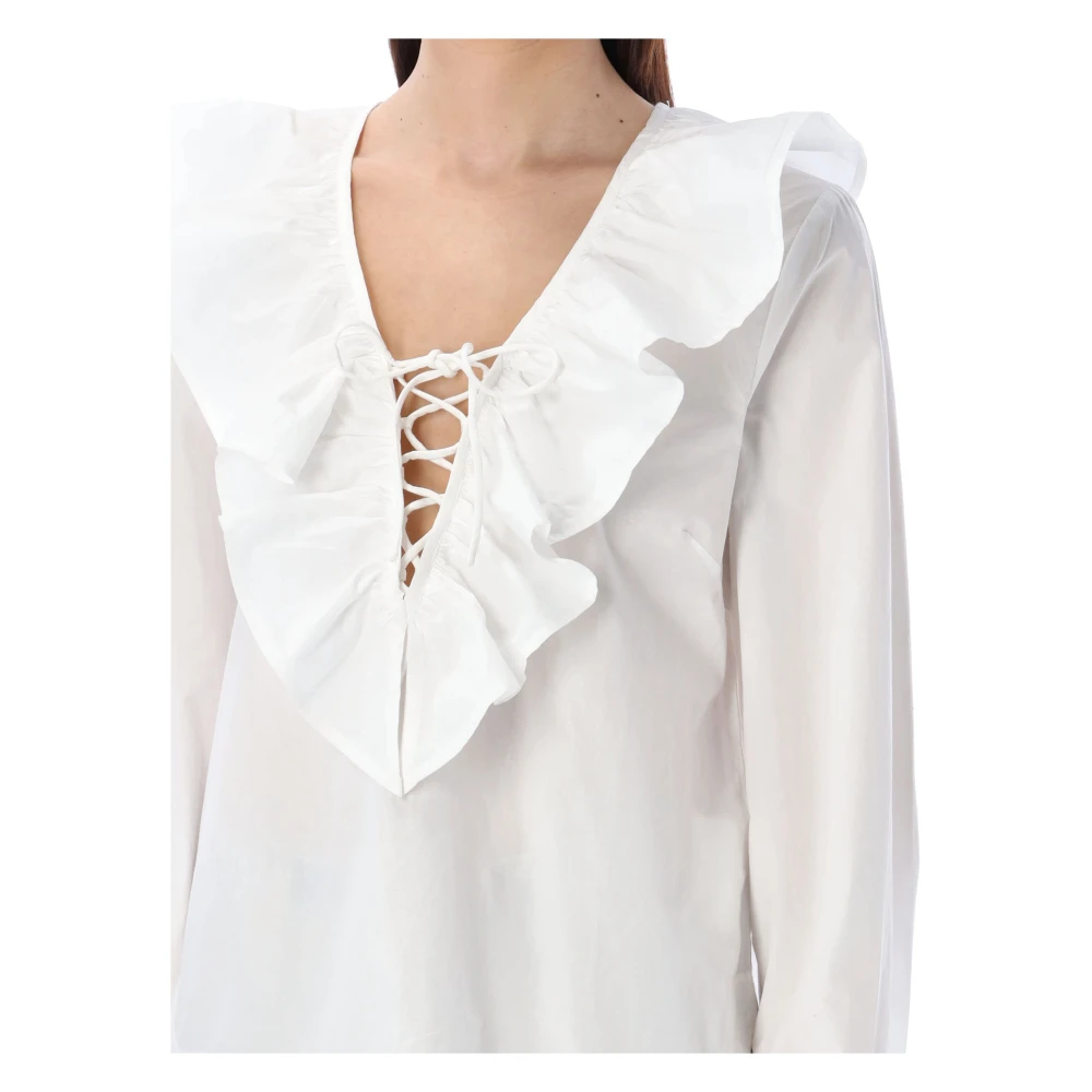 Ganni Witte Ruffle V-Hals Shirt White Dames