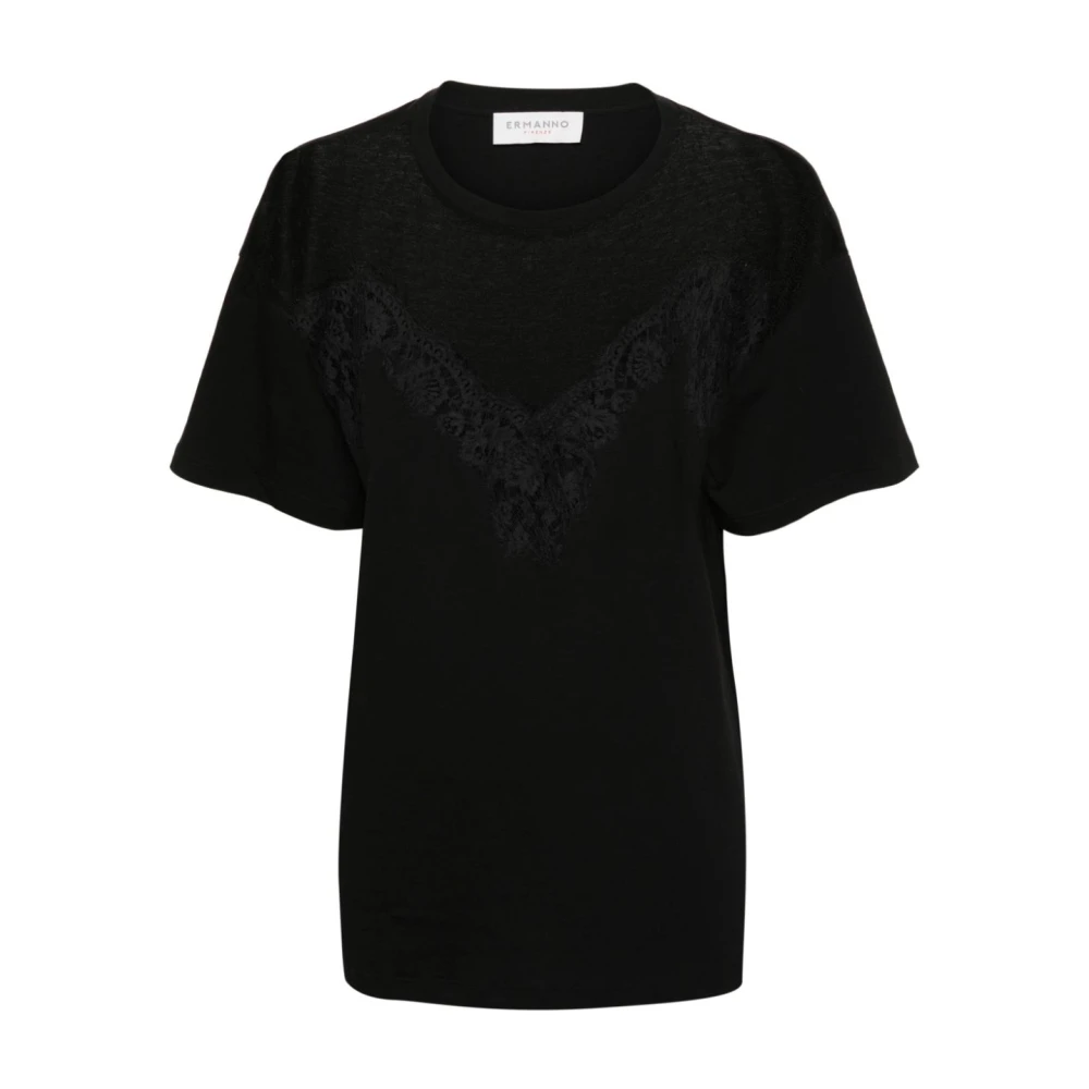 Ermanno Scervino Zwart T-shirt met bloemenkant en mesh-paneel Black Dames