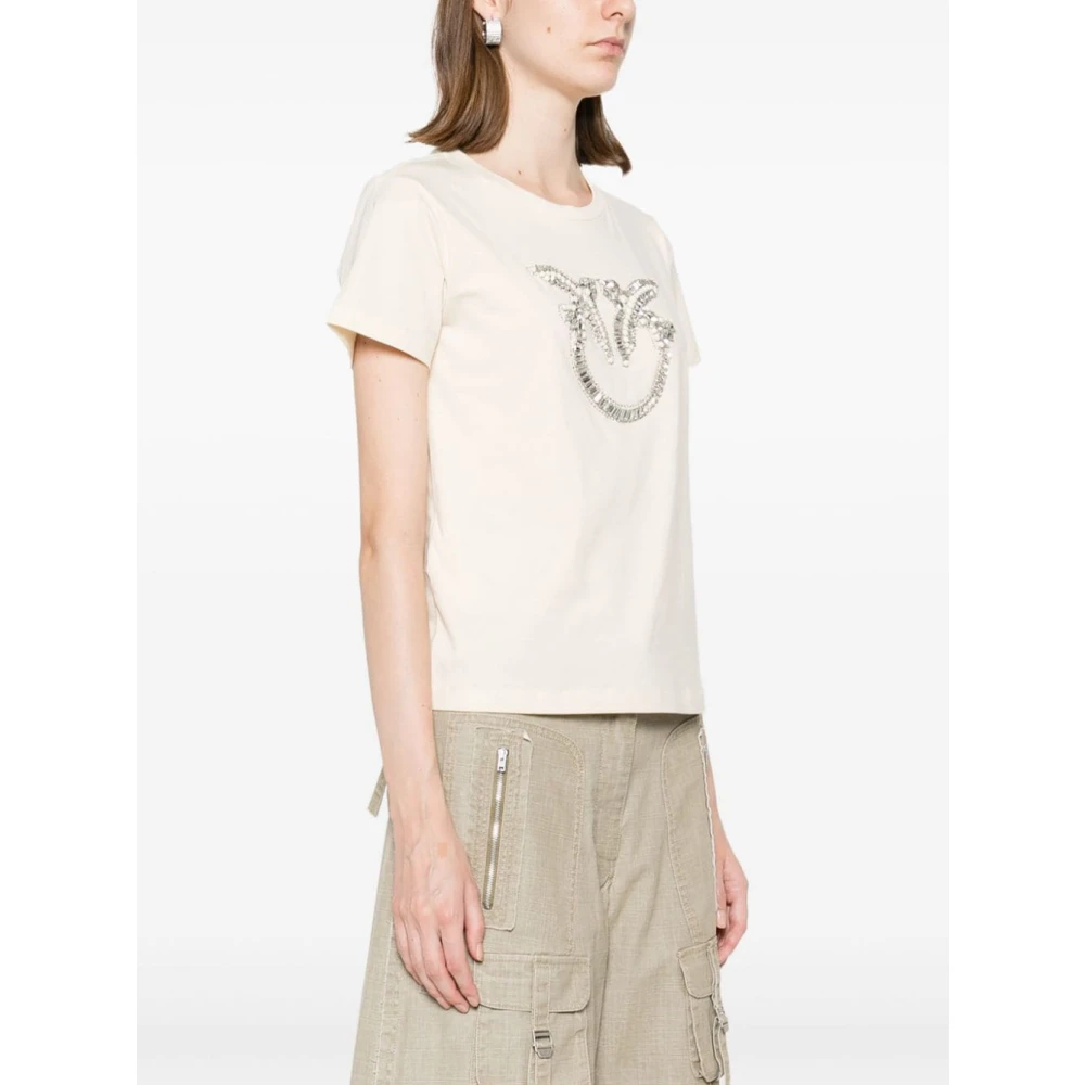 pinko Beige Love Birds Geborduurd T-shirt Beige Dames