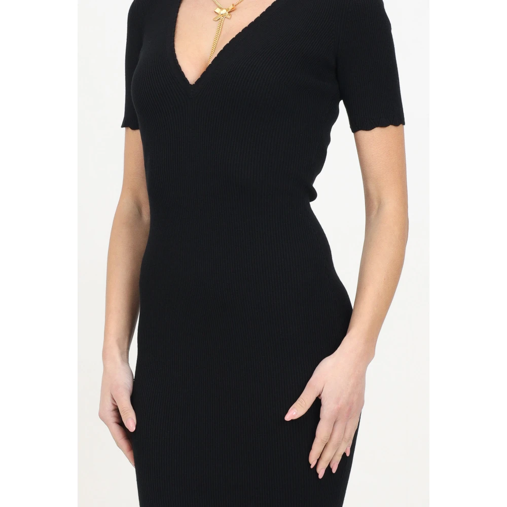 Elisabetta Franchi Midi Zwarte Jurk Geribbelde V-Hals Black Dames