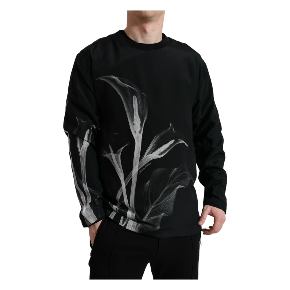 Dolce & Gabbana Zwart Bloemenprint Zijden Crewneck Sweater Black Heren