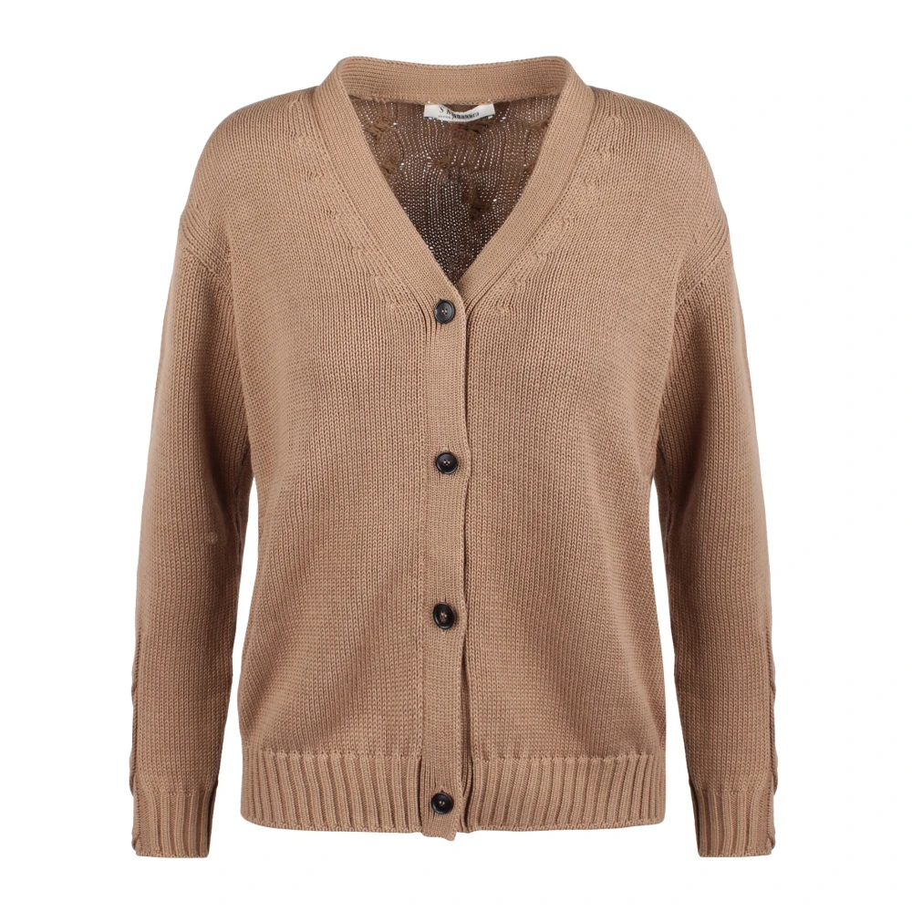 Max Mara Geribbelde V-hals Cardigan met Geweven Inzet Beige Dames