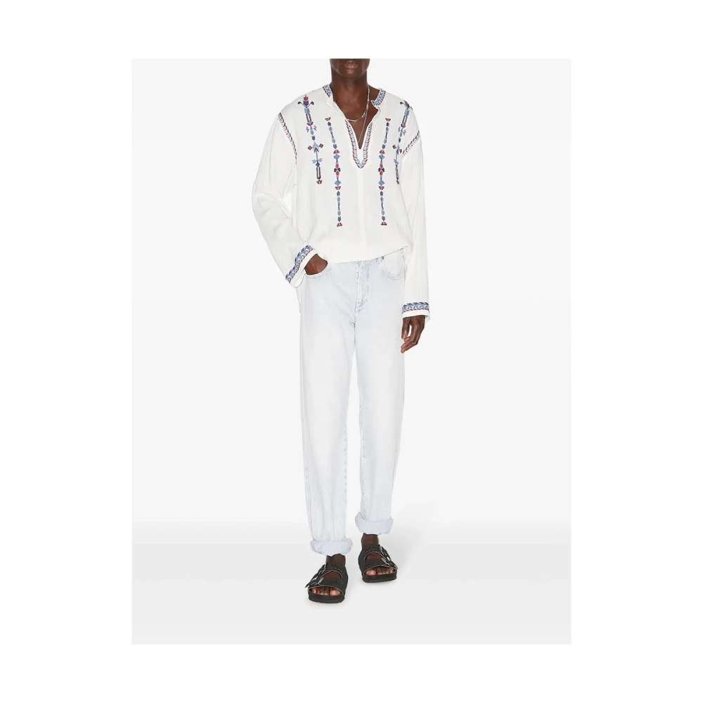 Isabel marant Witte Katoenen Geborduurde V-hals Shirt White Heren