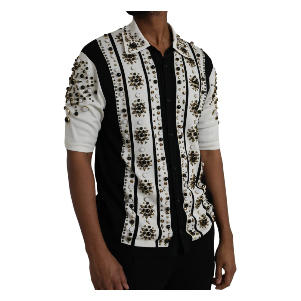 Dolce & Gabbana Zwart Wit Zijden Shirt met Studs Black Heren