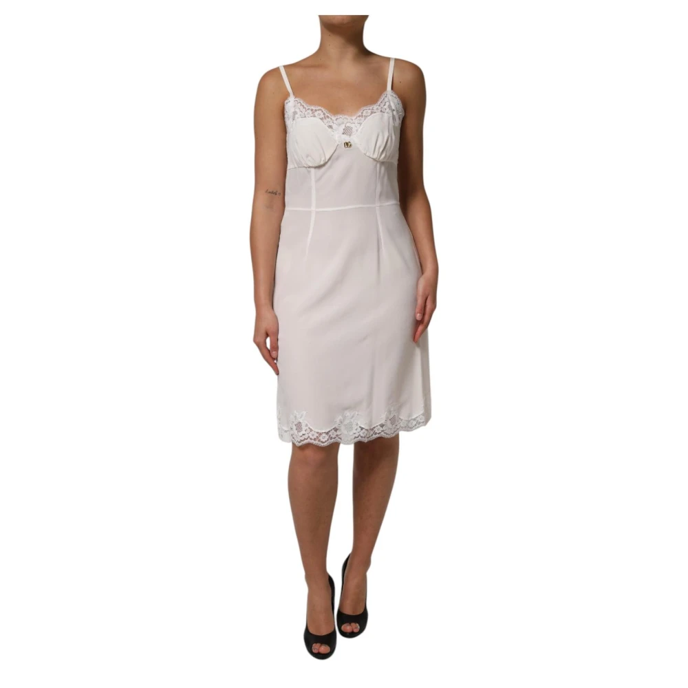 Dolce & Gabbana Women's White Short Dresses, M, Silk Slip Dress With Lace Trim