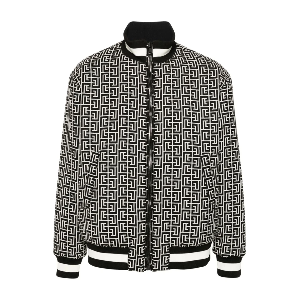 Balmain Omkeerbare Monogram Patroon Geribbelde Jas Blue Heren