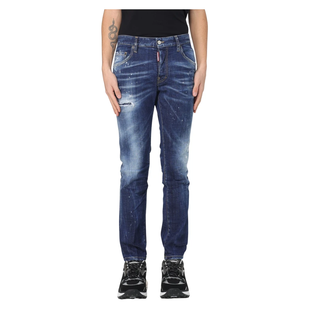 Dsquared2 Distressed Skater Skinny Jeans met Verfspatten Blue Heren