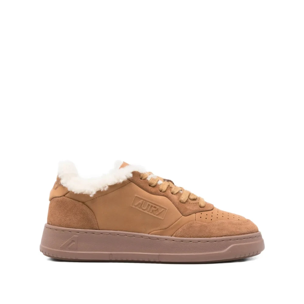 Autry Shearling Sneakers Ronde Neus Rubber Dames Schoenen Bruin