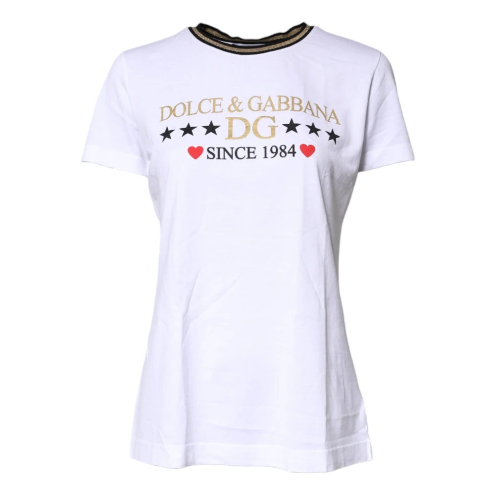 Dolce & Gabbana Printed Round Neck Cotton T-Shirt - Female - T-Shirts - White - 2XS - Tops