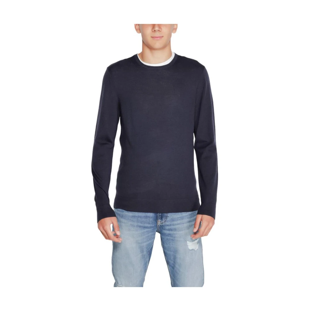 Calvin Klein Men's Blue Round-Neck Knitwear, Xs, Wool Crewneck Jumper Classic Fit