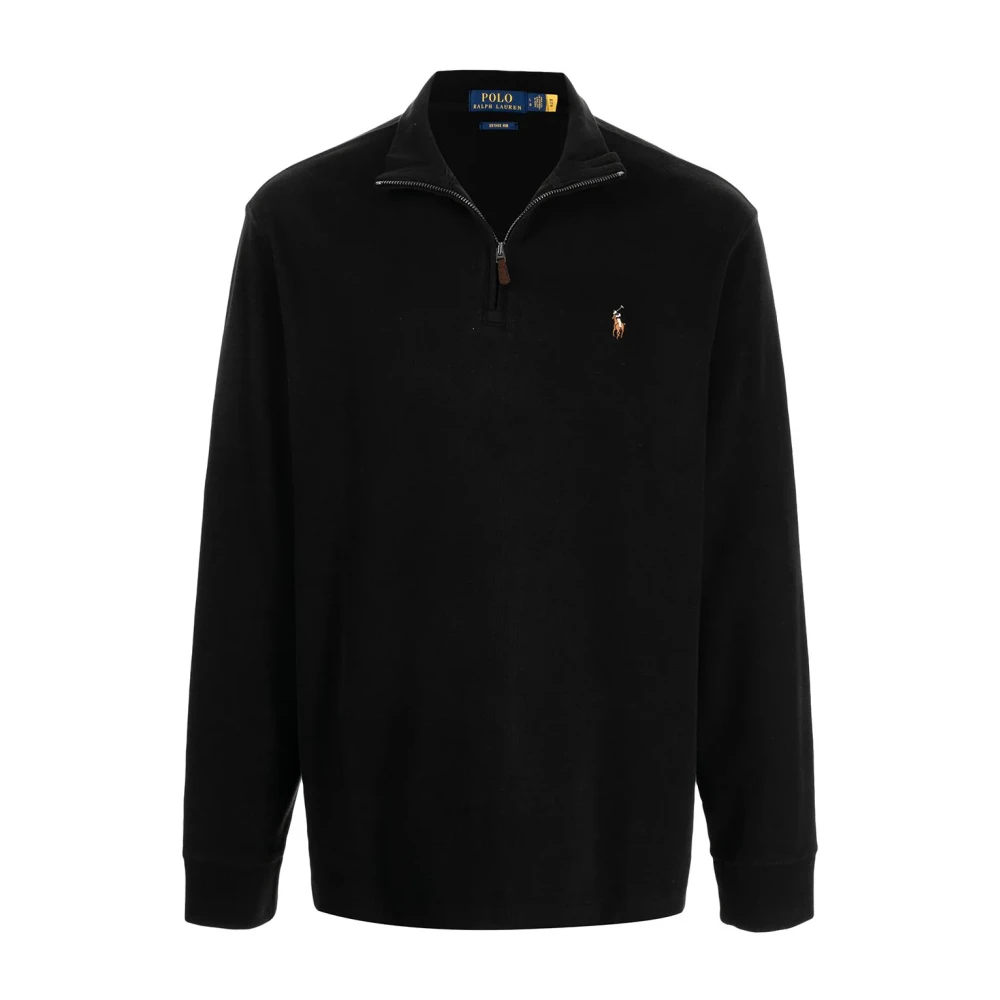 Ralph Lauren Katoenen Half-Zip Sweatshirt met Leren Details Black Heren