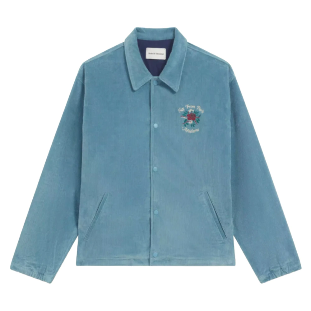 Drole de Monsieur Blauw Grijs Corduroy Jack met Slogan Print Blue Heren