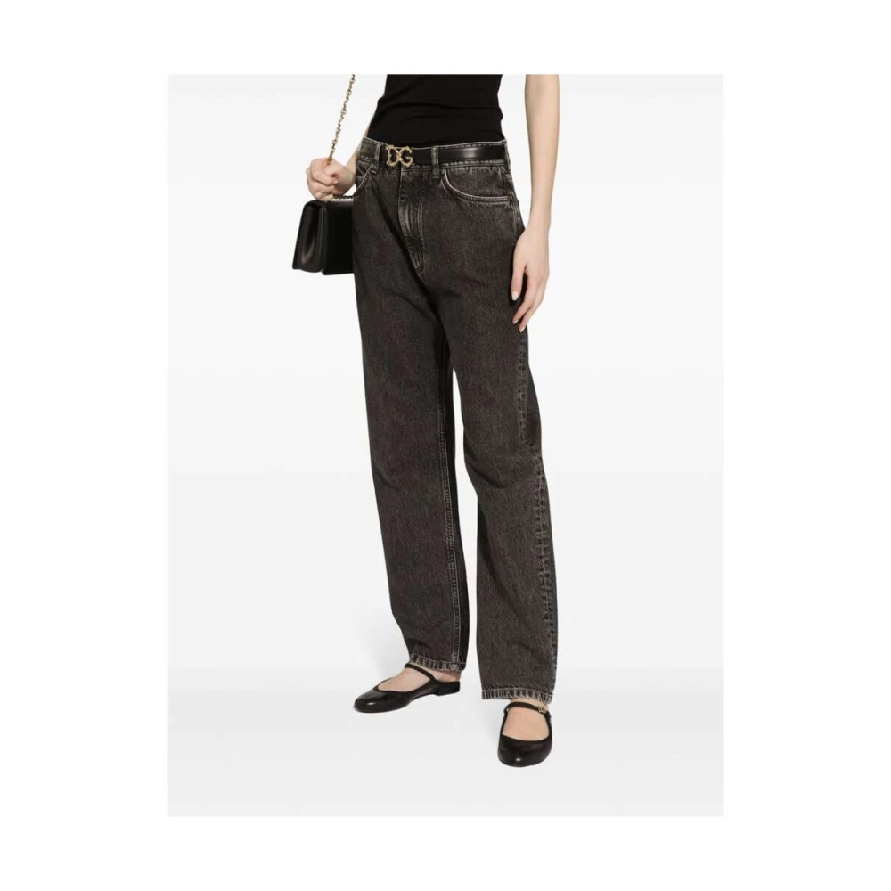 Dolce & Gabbana Zwarte Denim Logo Plaque Straight Leg Black Dames