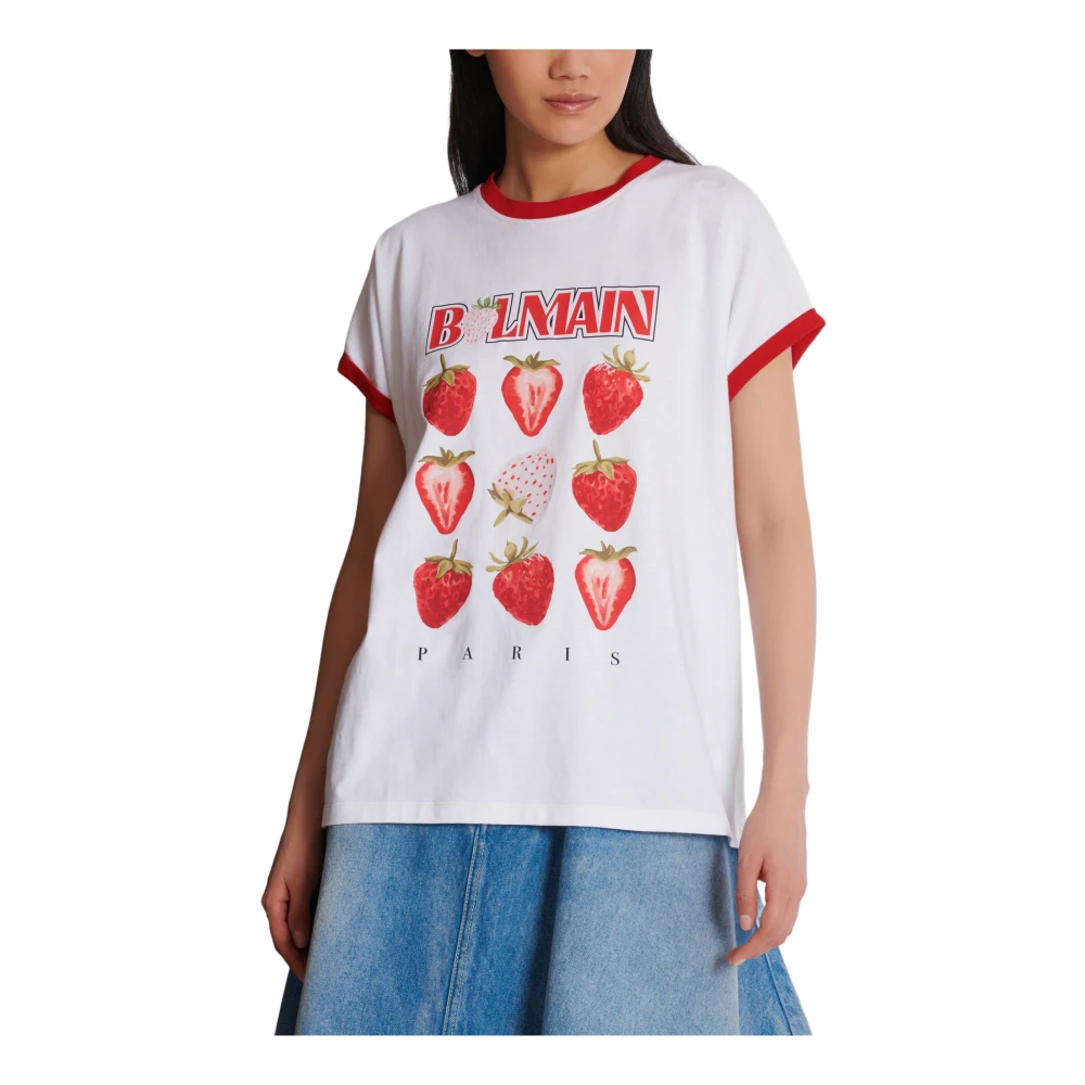 Balmain Tweekleurig T-shirt met Aardbeienprint White Dames