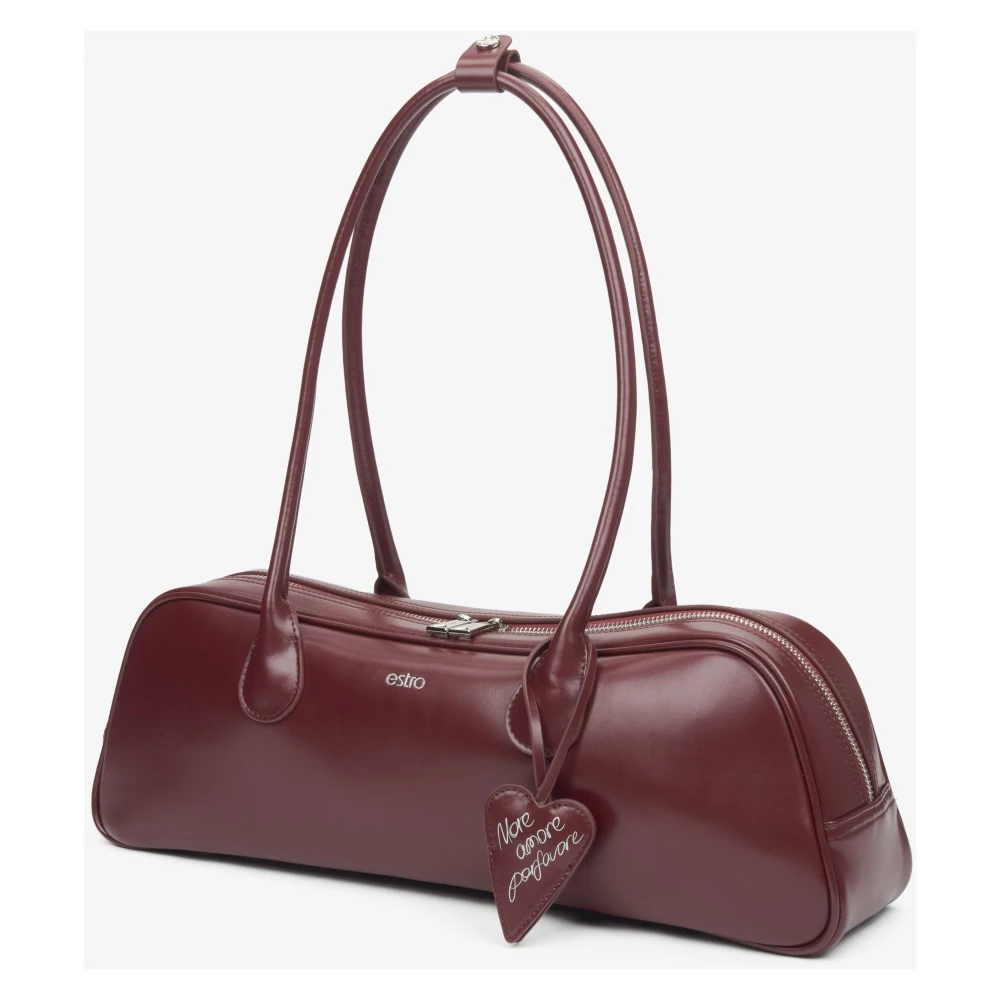 Estro Dames Bordeauxrode Leren Schoudertas met Lange Handvatten Red Dames