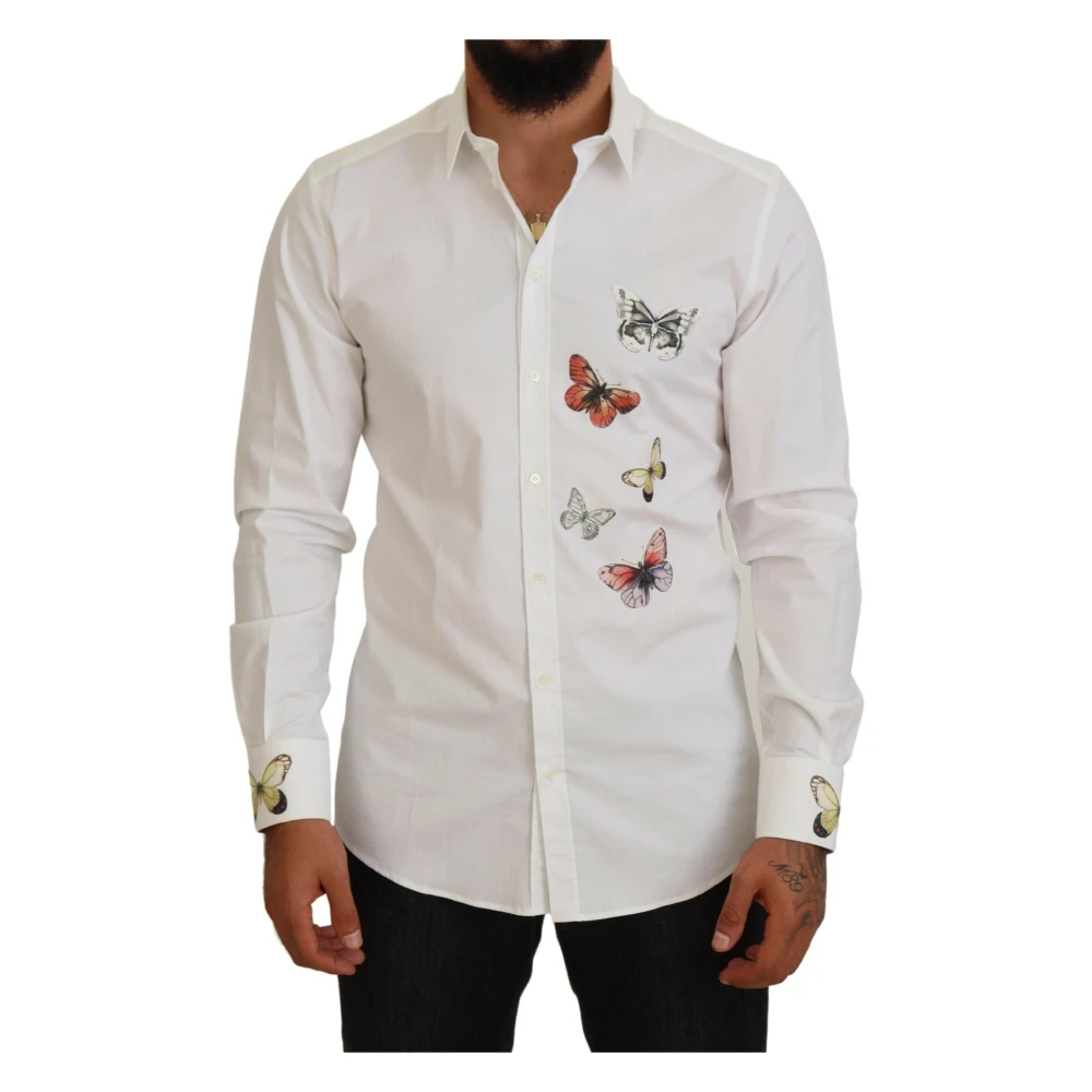 Dolce & Gabbana Witte Katoenen Overhemd met Vlinderprint White Heren