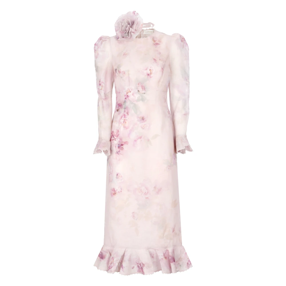 Zimmermann Roze Bloemen Linnen Zijden Jurk Pink Dames