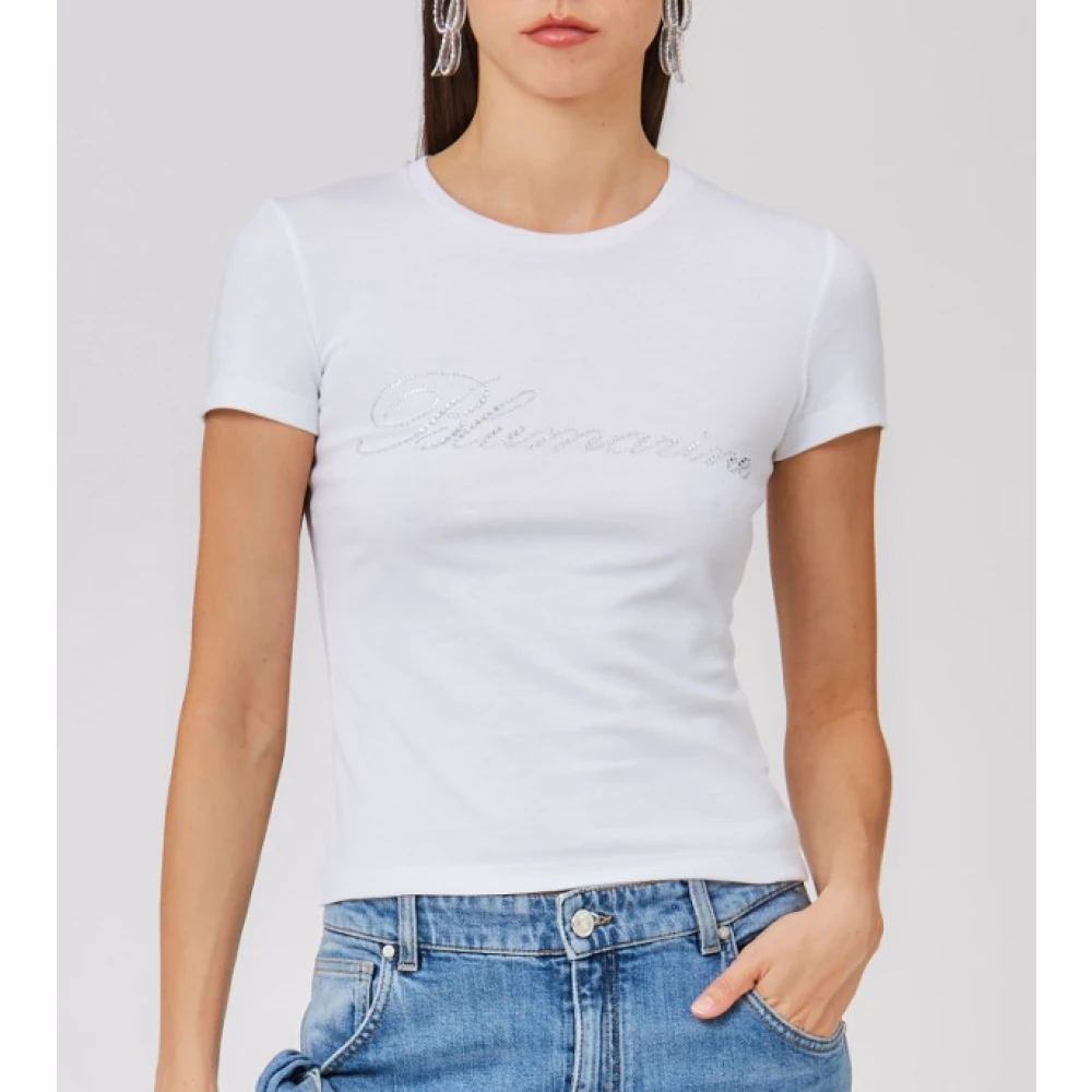 Blumarine Rhinestone Logo Crew Neck T-shirt White Dames