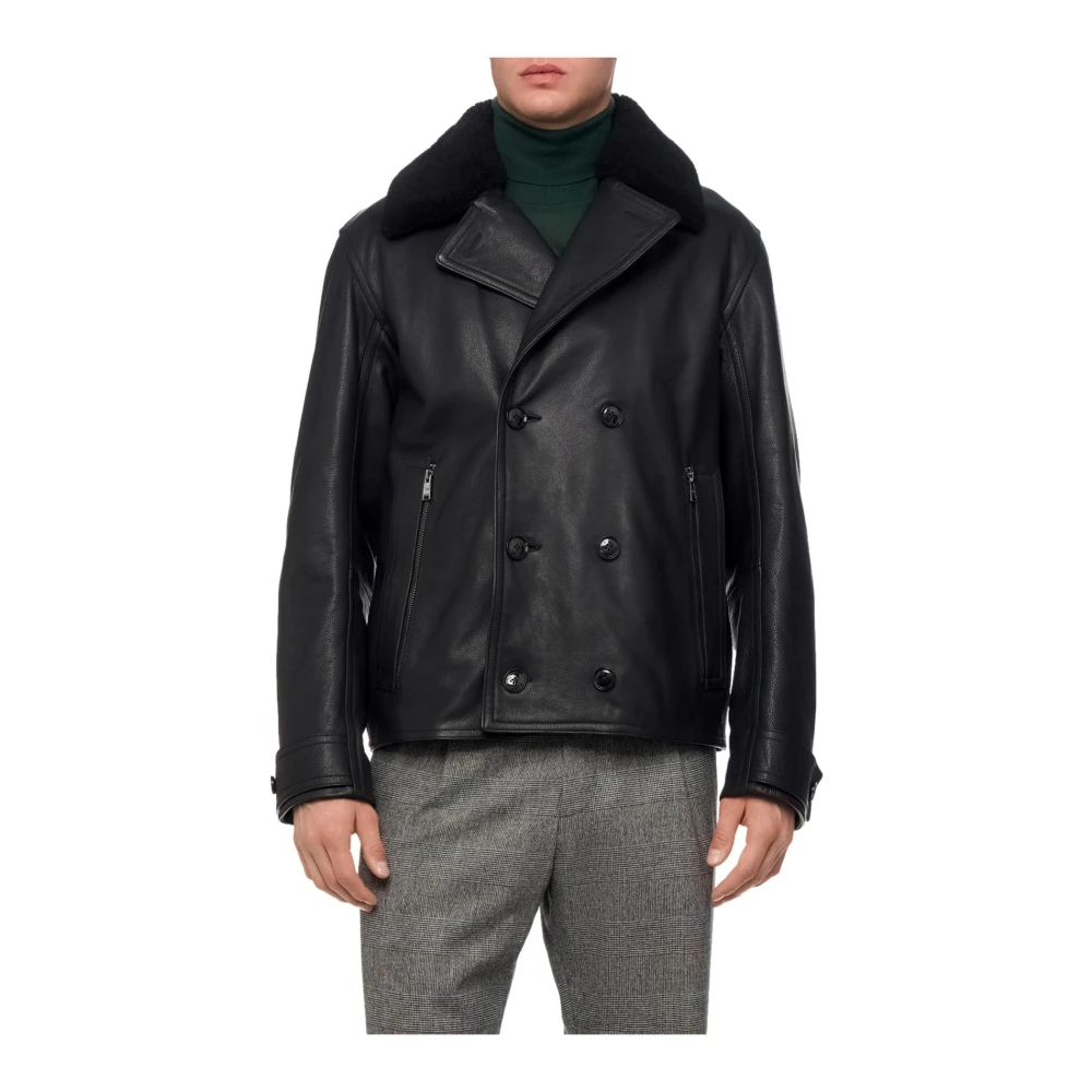 Hugo Boss Dubbelborstig leren jas in zwart Black Heren