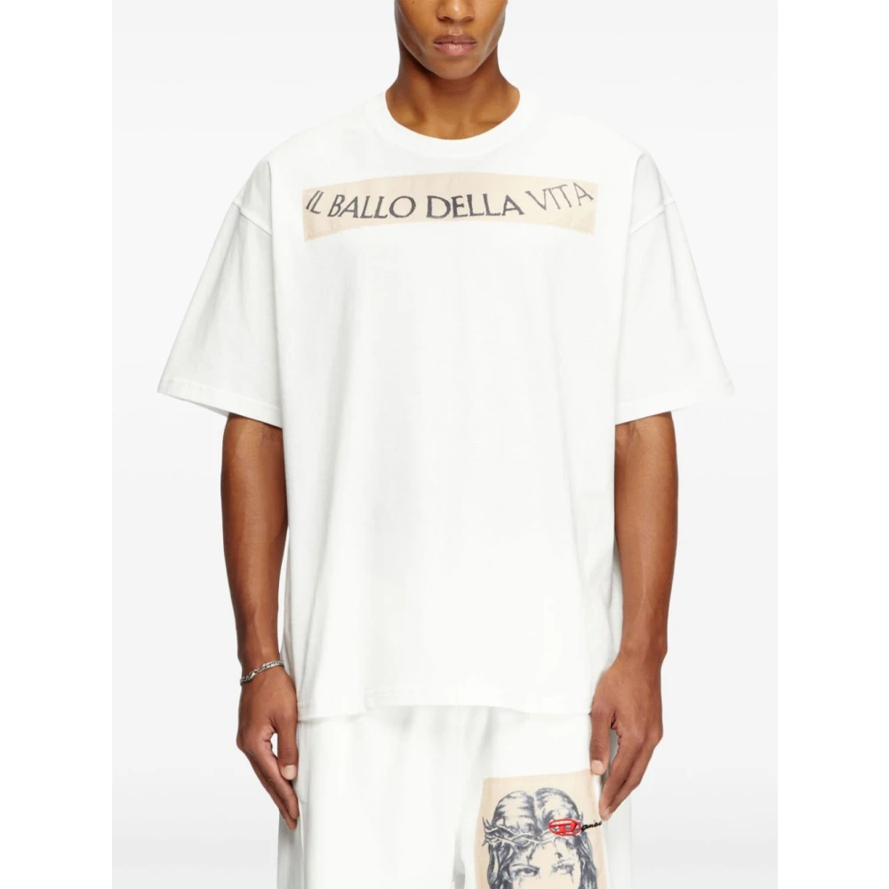 Diesel Wit Slogan Print Ronde Hals T-shirt Beige Heren