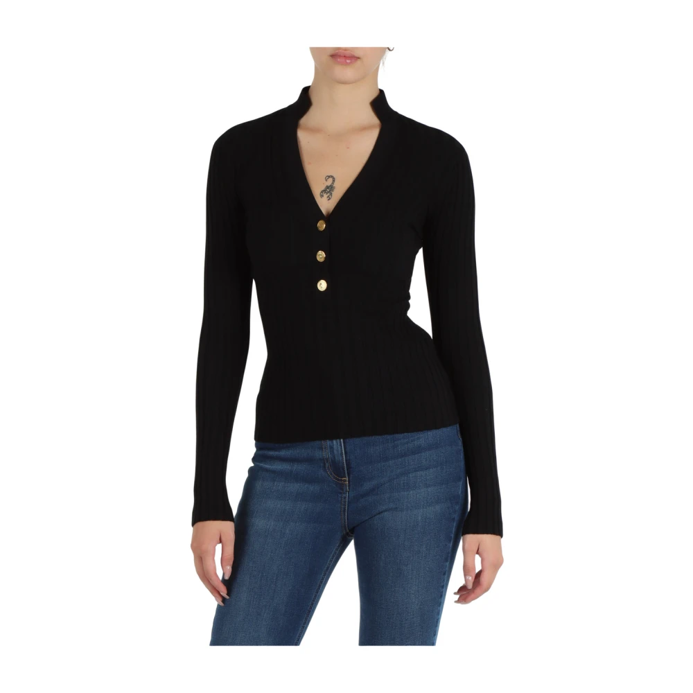 Elisabetta Franchi Geribbelde V-hals trui in viscosemix Black Dames