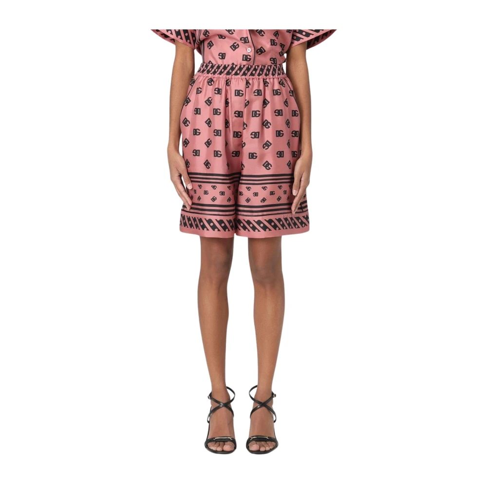 Dolce & Gabbana Vrouw Roze Korte Broeken Dames, S, Logo Print Zijden Shorts