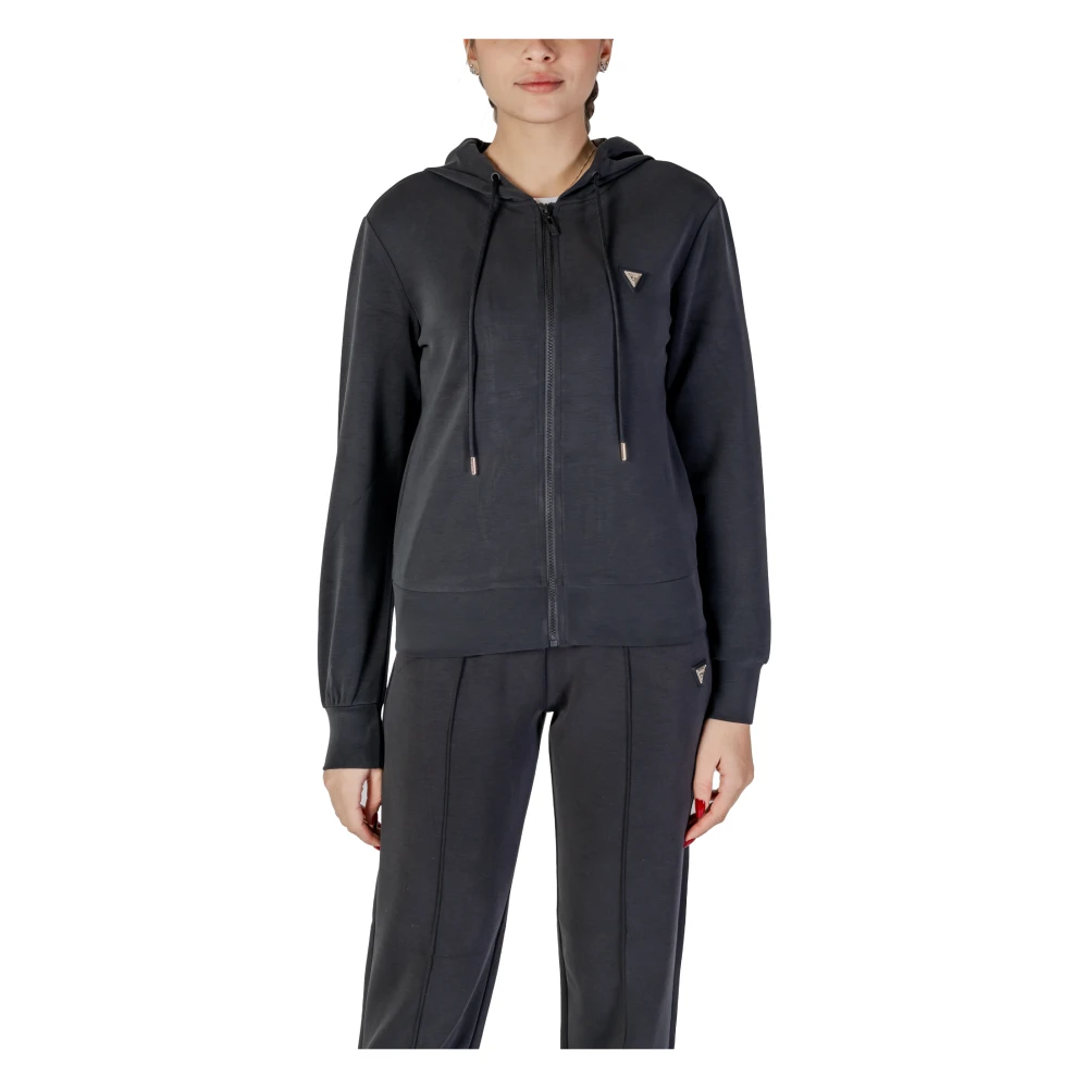 Guess Svart Zip-Up V-ringad Sweatshirt med Fickor Black, Dam