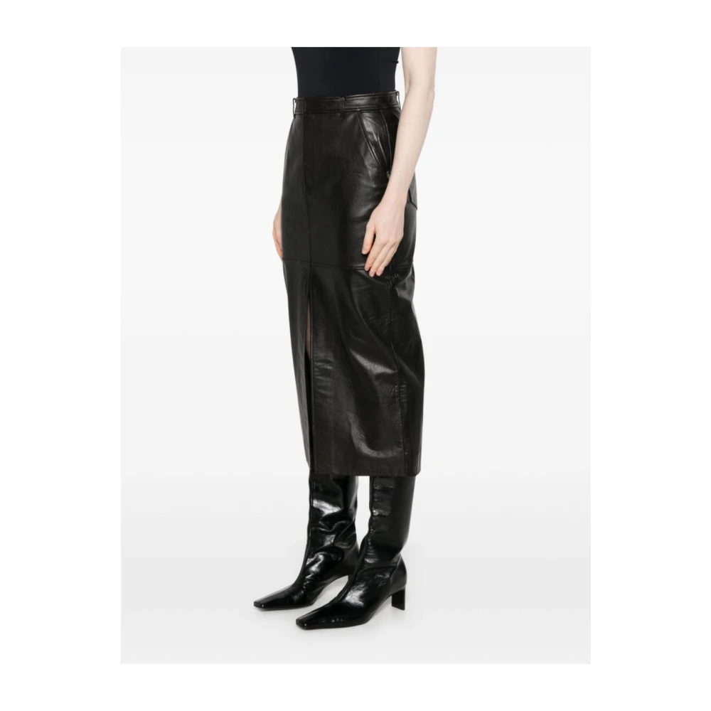 Self Portrait Zwarte Leren Midi Rok Zakken Black Dames