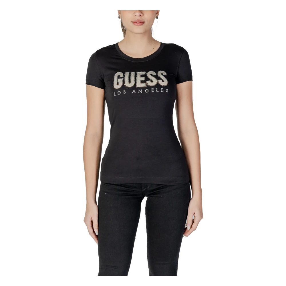 Guess Women's Black Round Neck T-Shirt With Gradient Glitter Logo - Image 2