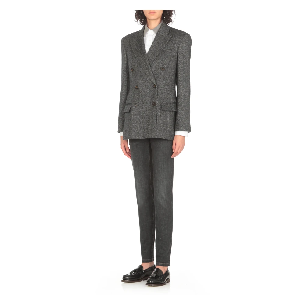 BRUNELLO CUCINELLI Grijze Wol Dubbel-Borst Jas Herringbone Gray Dames