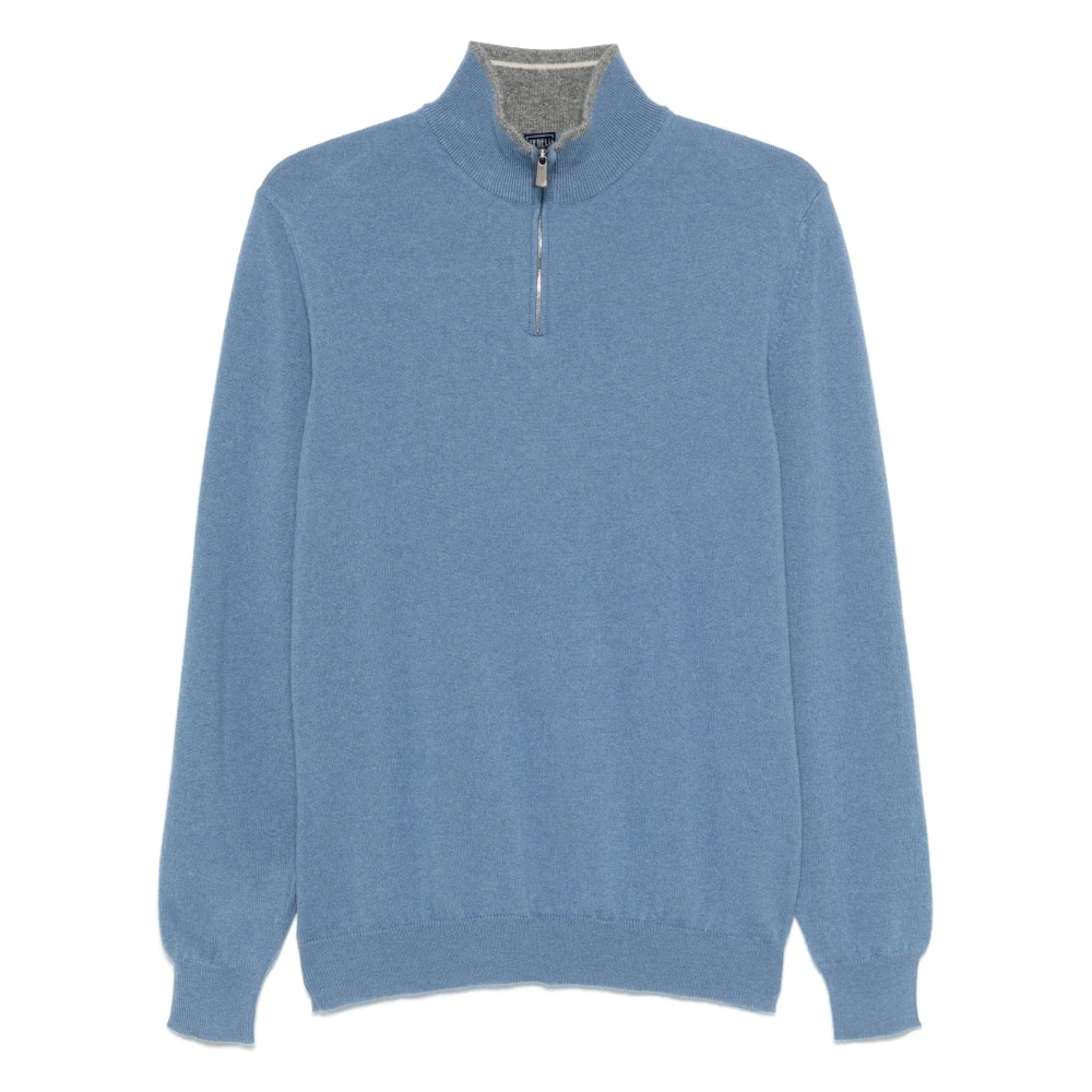 Fedeli Luxe Cashmere Half-Zip Gebreide Kleding Blue Heren