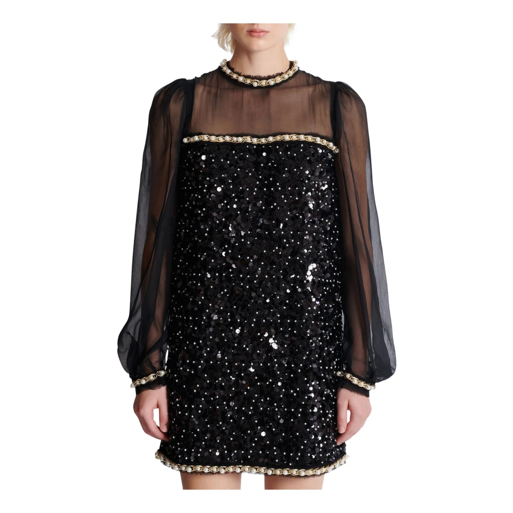 Balmain Chiffon- en kraal paillettenjurk Black Dames