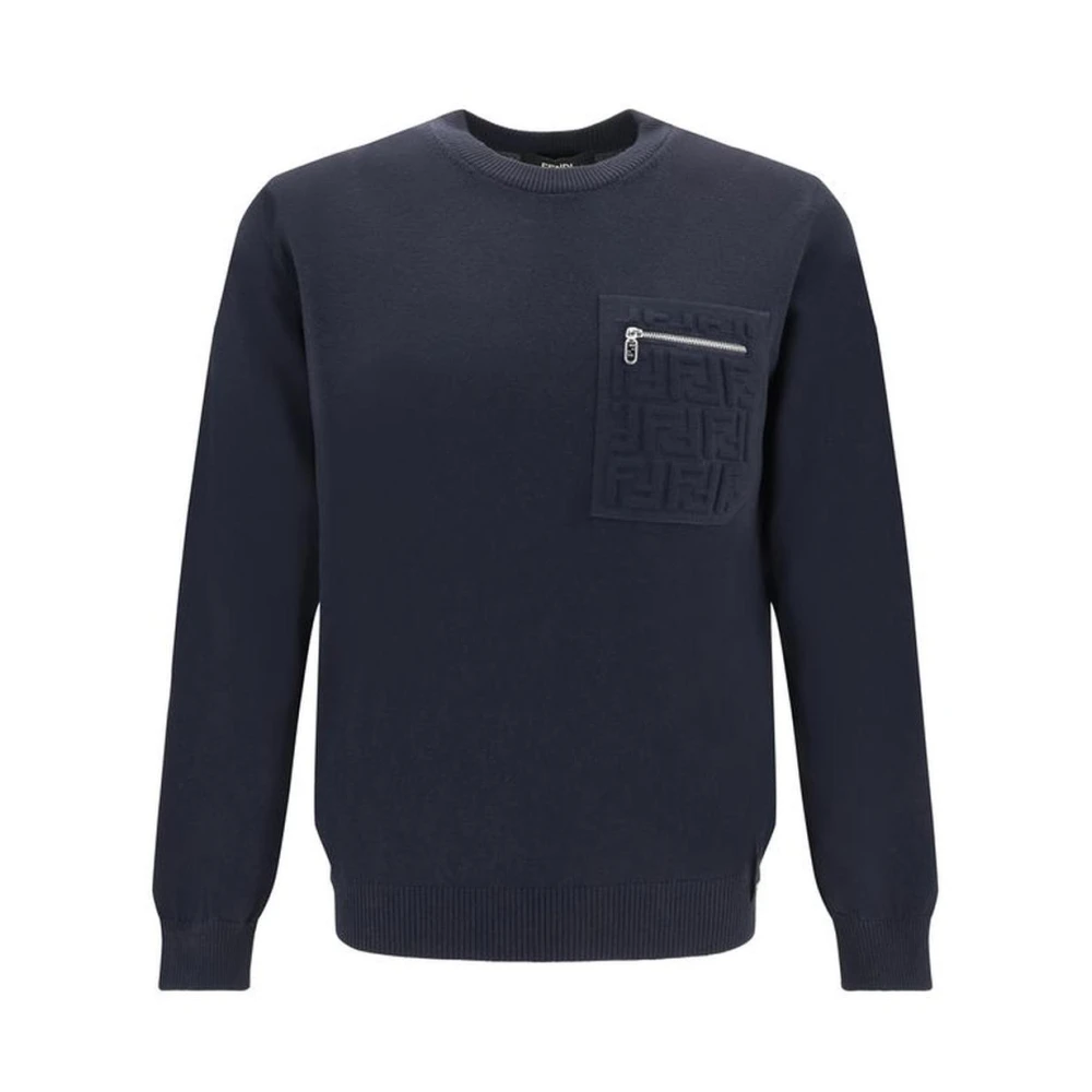 Fendi Geribbelde Crew Neck Wollen Trui met Ritszak Blue Heren