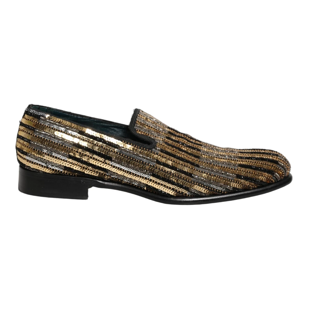 Dolce & Gabbana Men's Yellow Loafers, 9 Uk, Gold Striped Sequin Embellished Loafer Shoes