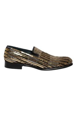 Gold Striped Sequin Embellished Loafer Shoes
