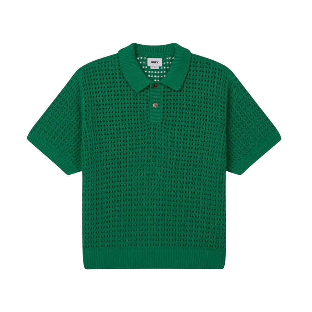 Obey Green V-Neck Knitwear, Male, L, Open Knit Polo Jumper
