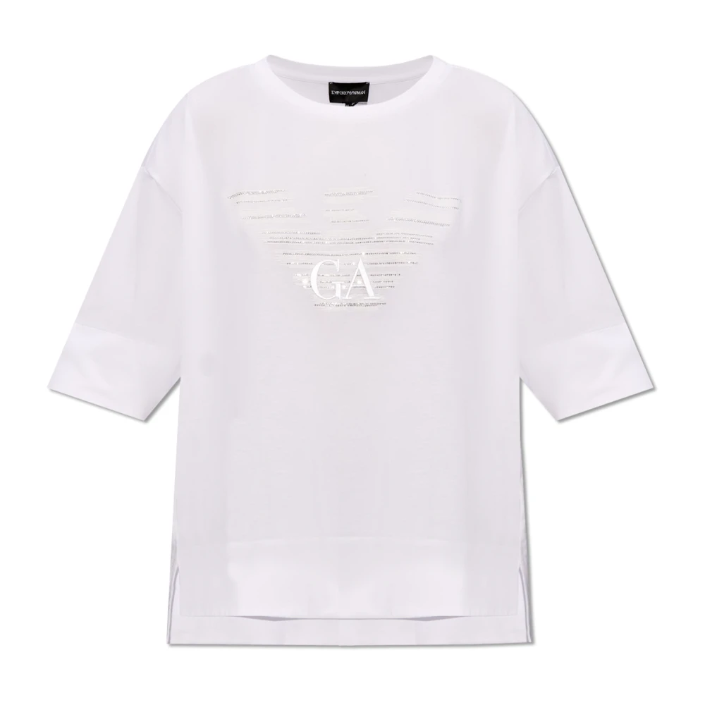 Emporio Armani T-shirt met Rhinestone-Logo en Asymmetrische Zoom White Dames