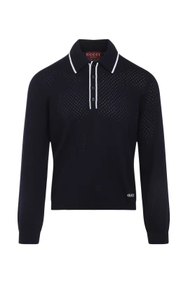 Blå Ull Långärmad Polo