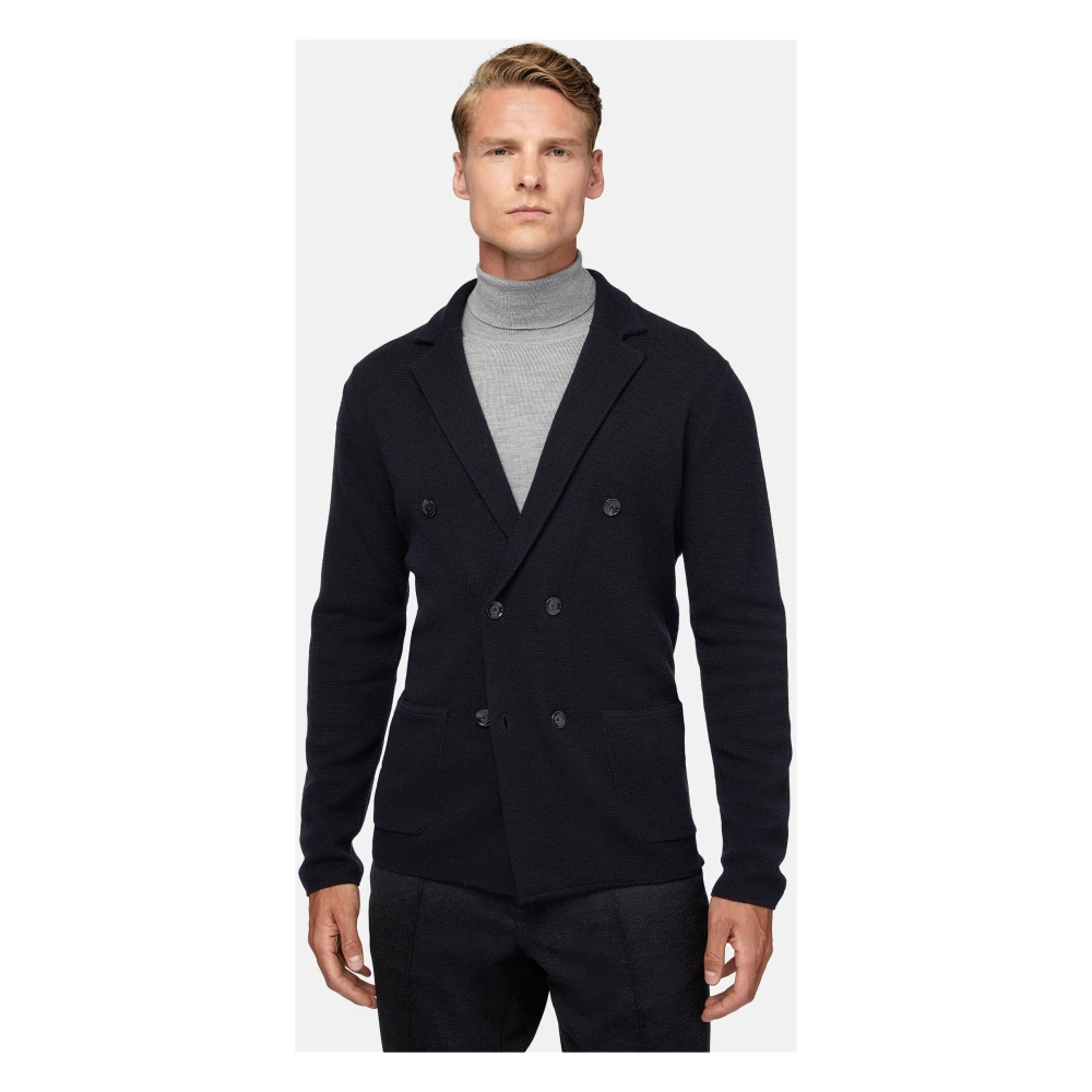 Boggi Milano Gestofd Dubbelrijig Jas van Merinowol Blue Heren