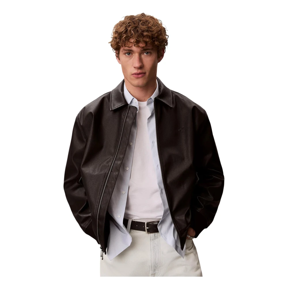 Calvin Klein Jeans Men's Black Faux Leather Bomber Jacket